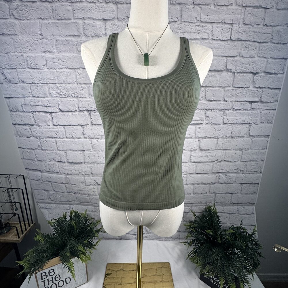 Olive Green Ribbed Racerback Tank Top M Fitted Basic
